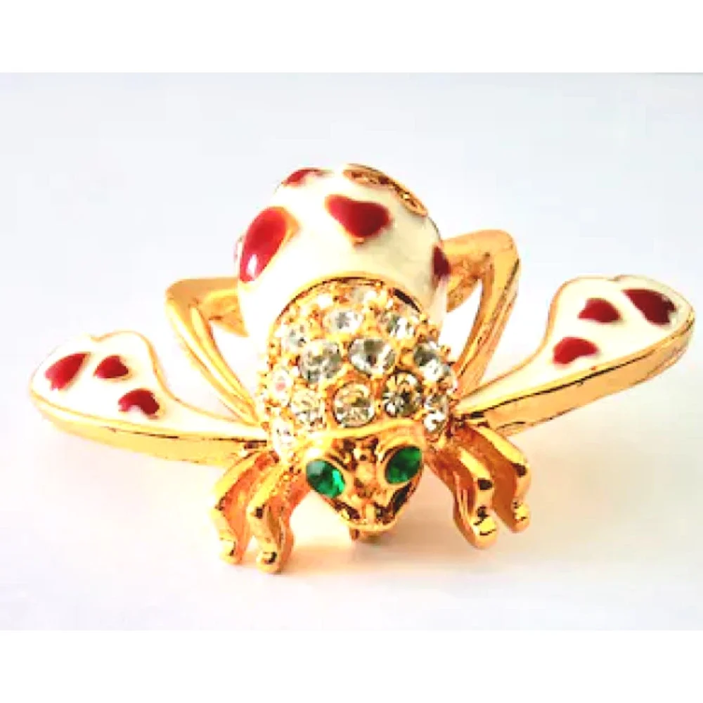 Joan Rivers Bee Pin Brooch Lots Of Love Crystal Red Hearts White Enameled Gold